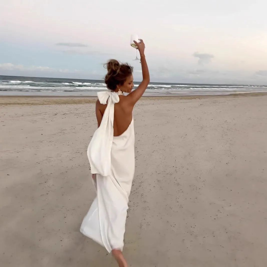 Long halter crochet backless evening dress