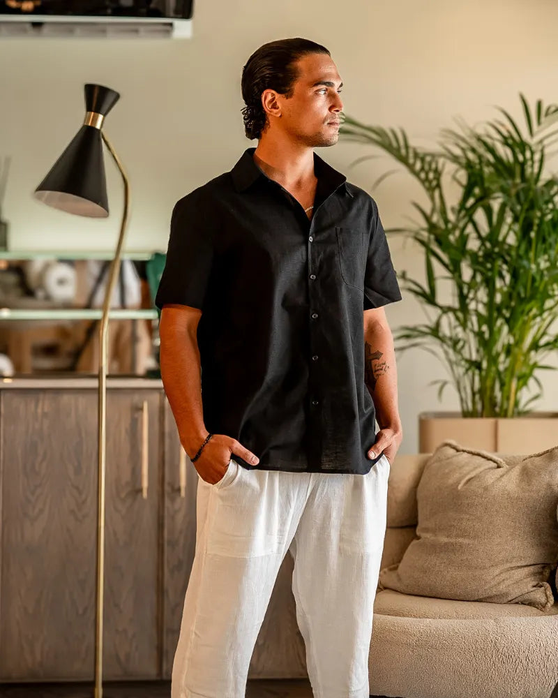 Sommer Kurzarm Herren Leinenhemd Mit Brusttasche