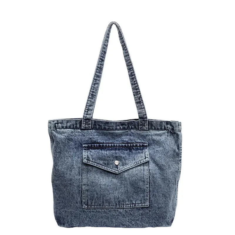 ROOS | Denim Tote Bag Voor Dames Met Voorvak En Lange Hengsels – Casual, Praktisch, Tijdloos