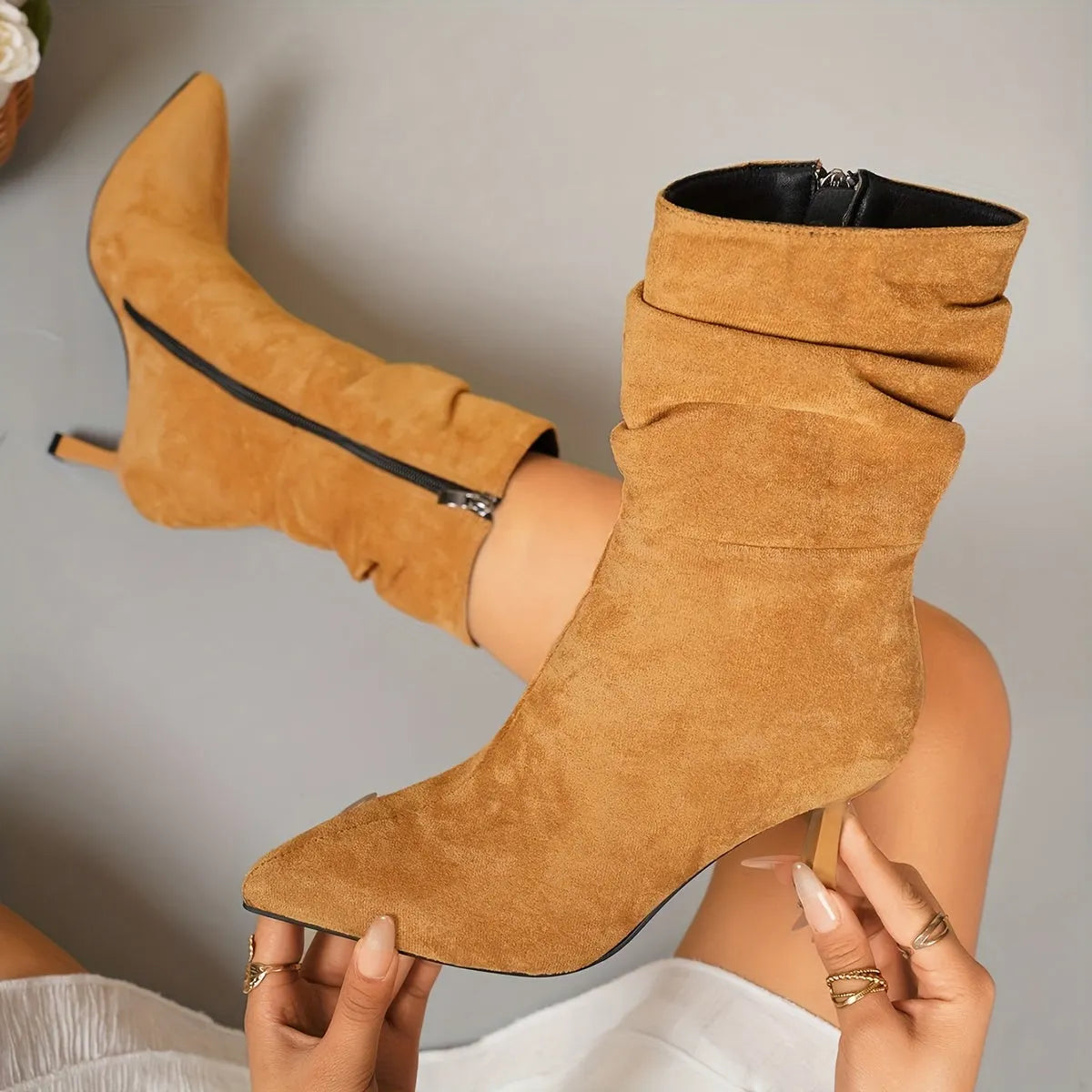 Elegante Slanke Dames Enkellaarsjes | Mid-High PlissÃ© Boots Met Puntneus & Stiletto Hak