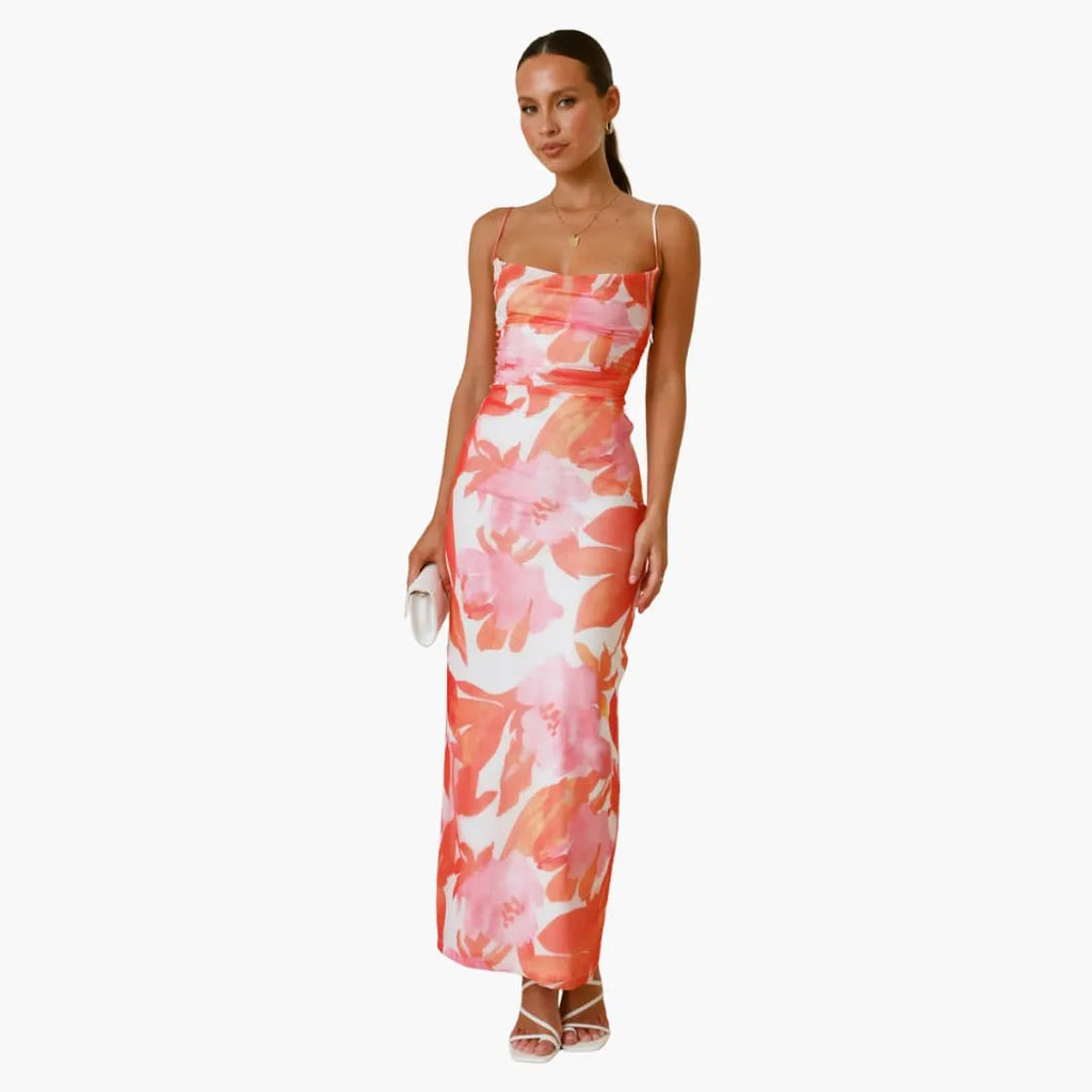 Womenâ€™s maxi dress with cowl neckline and lace-up back