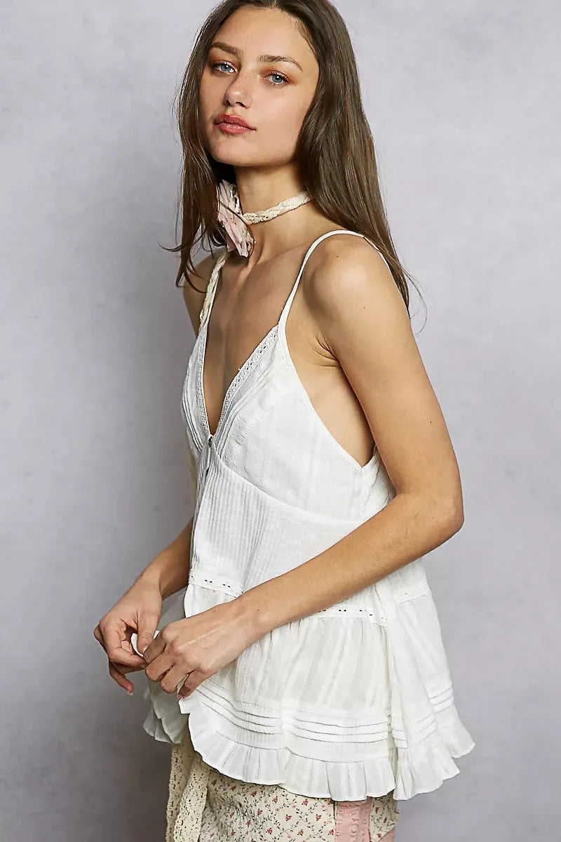 POL Button Front V-Neck Ruffled Cami with Pintuck Accents