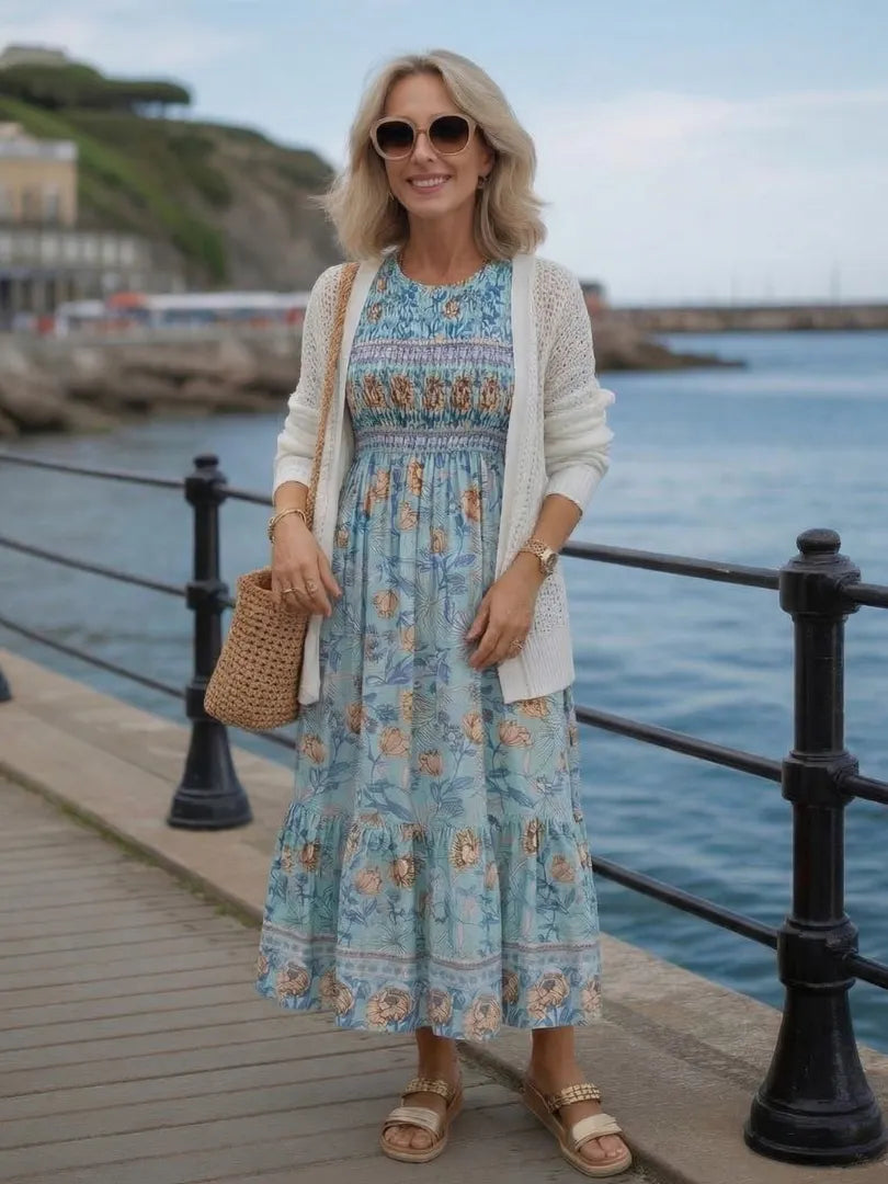 Mariselle | Half Sleeve Smocked Floral Midi Dress