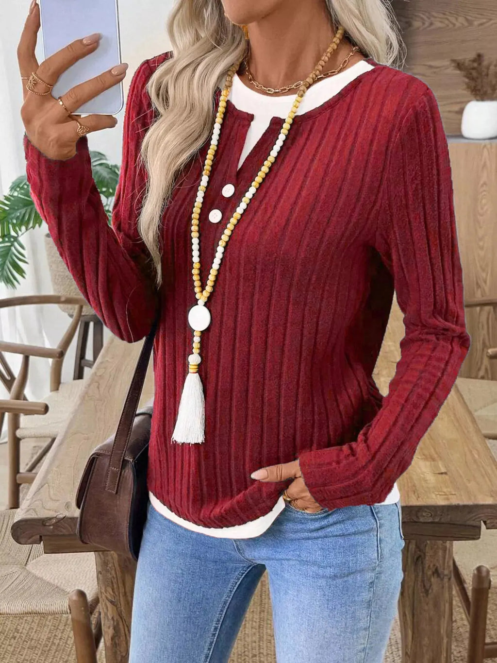 Ribbed Knit Button Detail Contrast Sweater