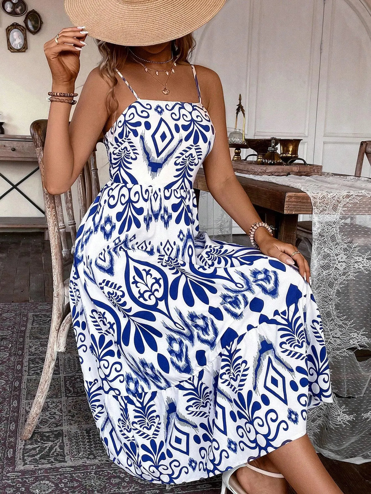 Vestido Midi Estampa Rizia Azul