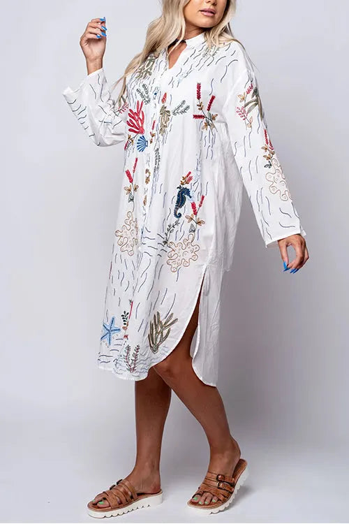 V Neck Long Sleeves Side Split Embroidery Shirt Dress