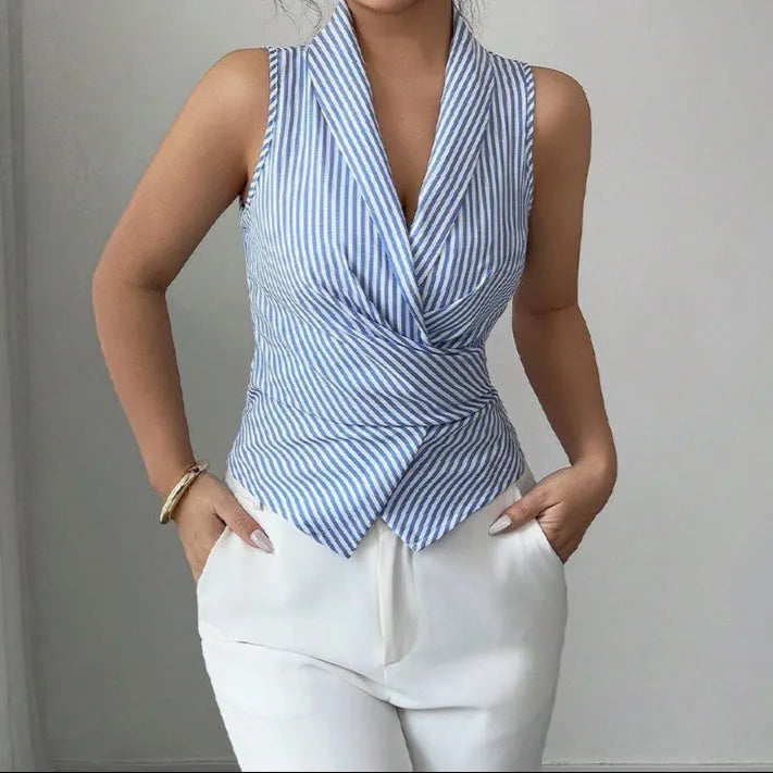 RENATA | Mouwloze Dames Blouse met Kruis Design & Strepen – Slim Fit, Elegant & Zakelijk Chic