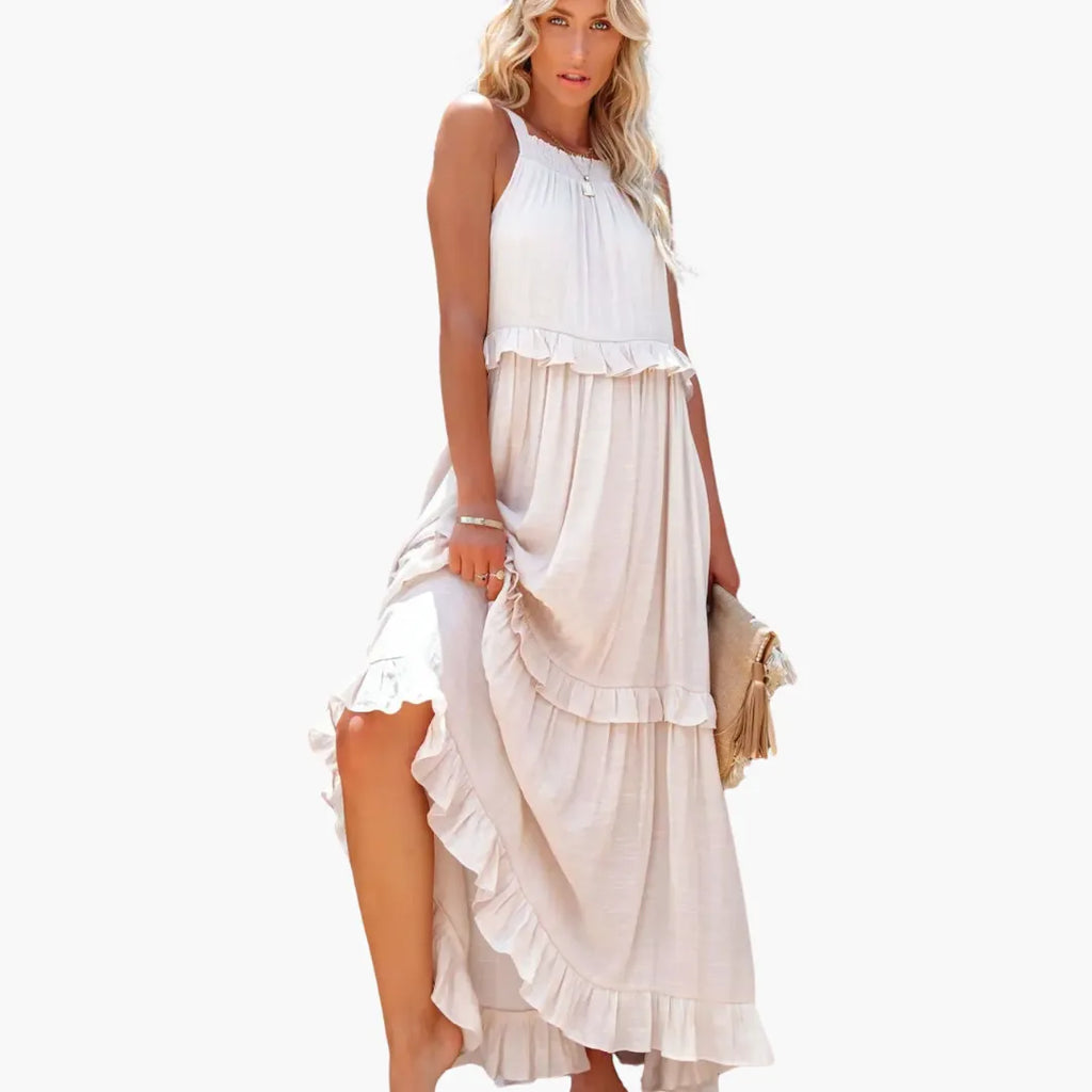 Womenâs Maxi Dress with Cascading Ruffle Tiers and Adjustable Straps