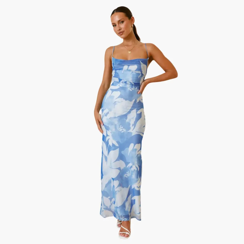 Womenâ€™s maxi dress with cowl neckline and lace-up back