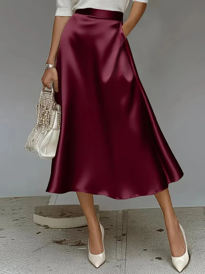 Satin Skirt for Women with High Waist and Midi Length
