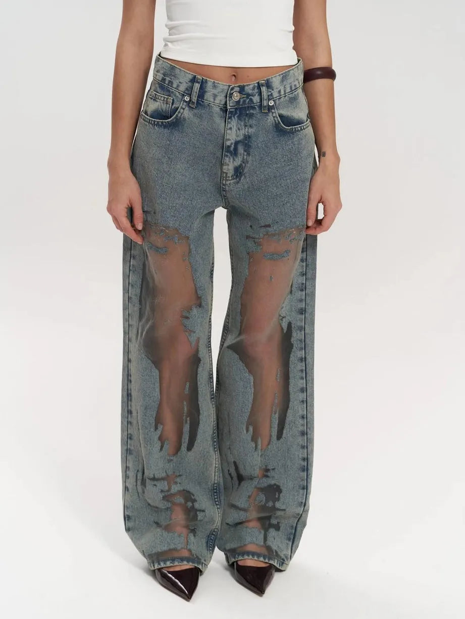Trixie – Denim Bukser med Gennemsigtige Detaljer