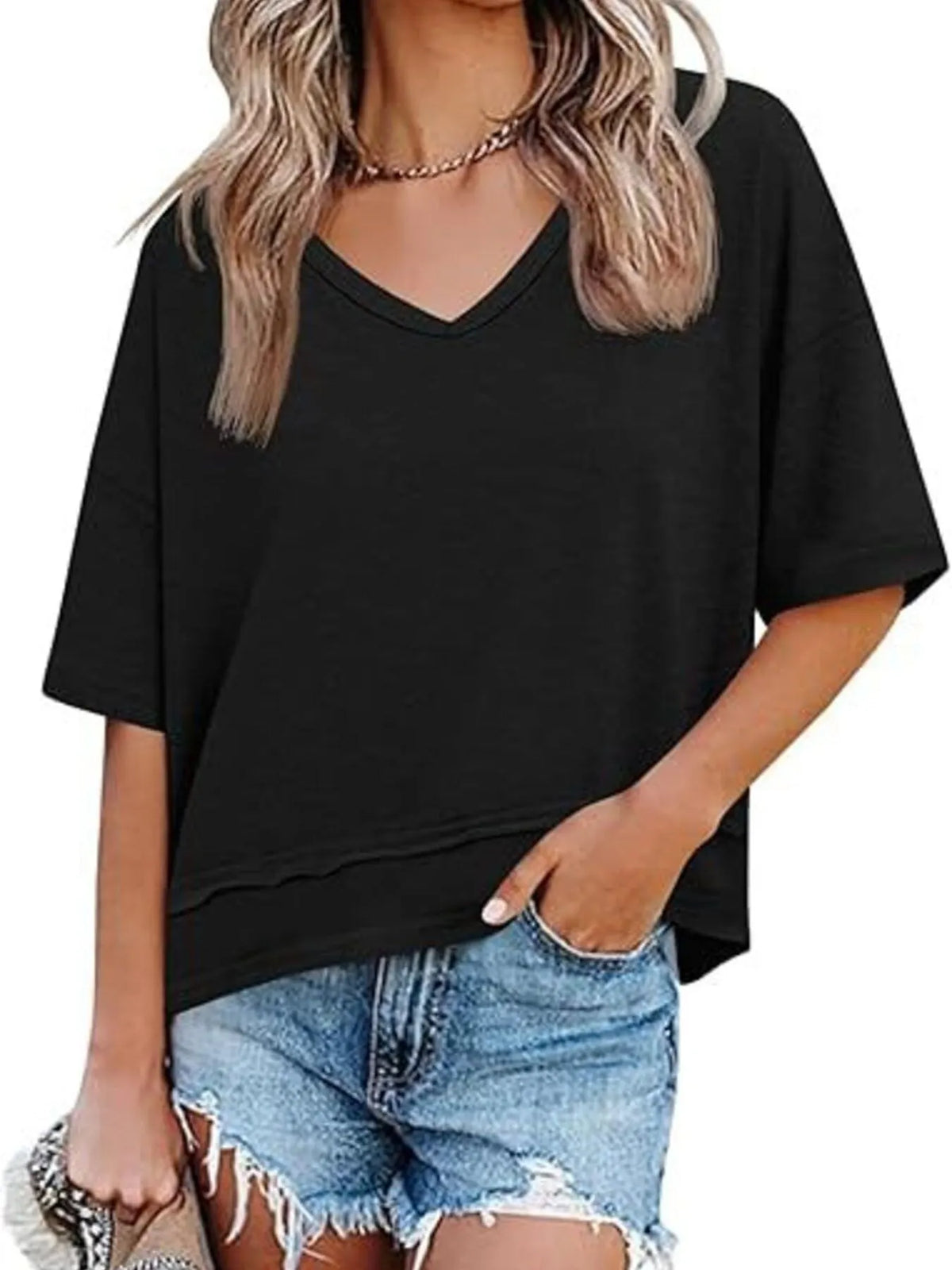 V-Neck Relaxed Fit Solid Color T-Shirt