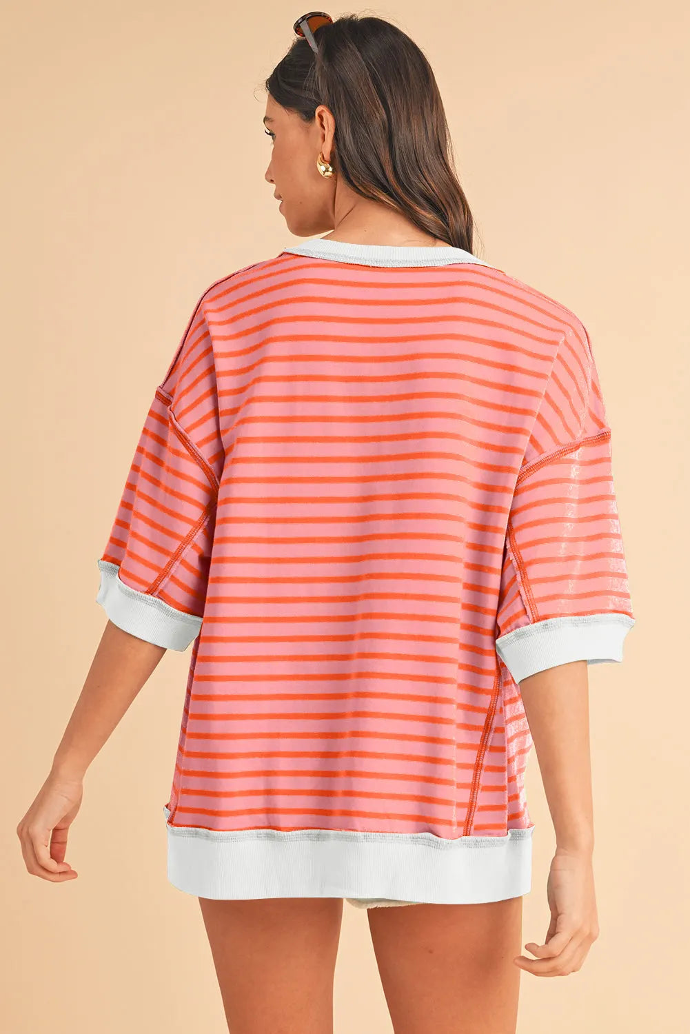 ISA | Gestreept Loose Fit T-Shirt Voor Dames Met Contrast Trim En Wijde Mouwen – Comfortabel, Casual, Stijlvol