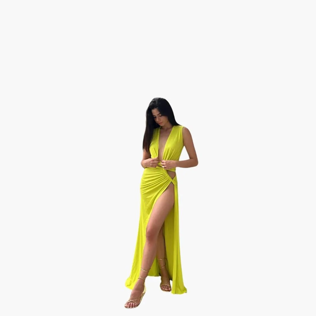 Women's High-Slit Maxi Dress with V-Neck and Cut-Out Detail