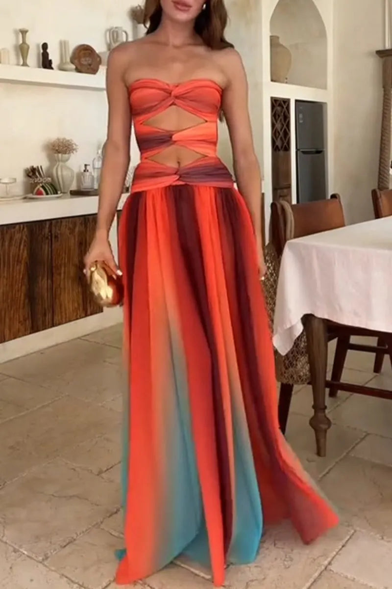 Sexy Gradient Print Irregular Strapless Long Dresses(The color is not fixed)