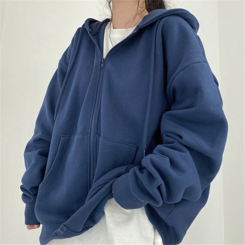Zip-up Oversized Solid Pocket Hooded Langarm Lose Baseball Jacke