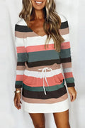 V Neck Tie Waist Color Block Striped Dress