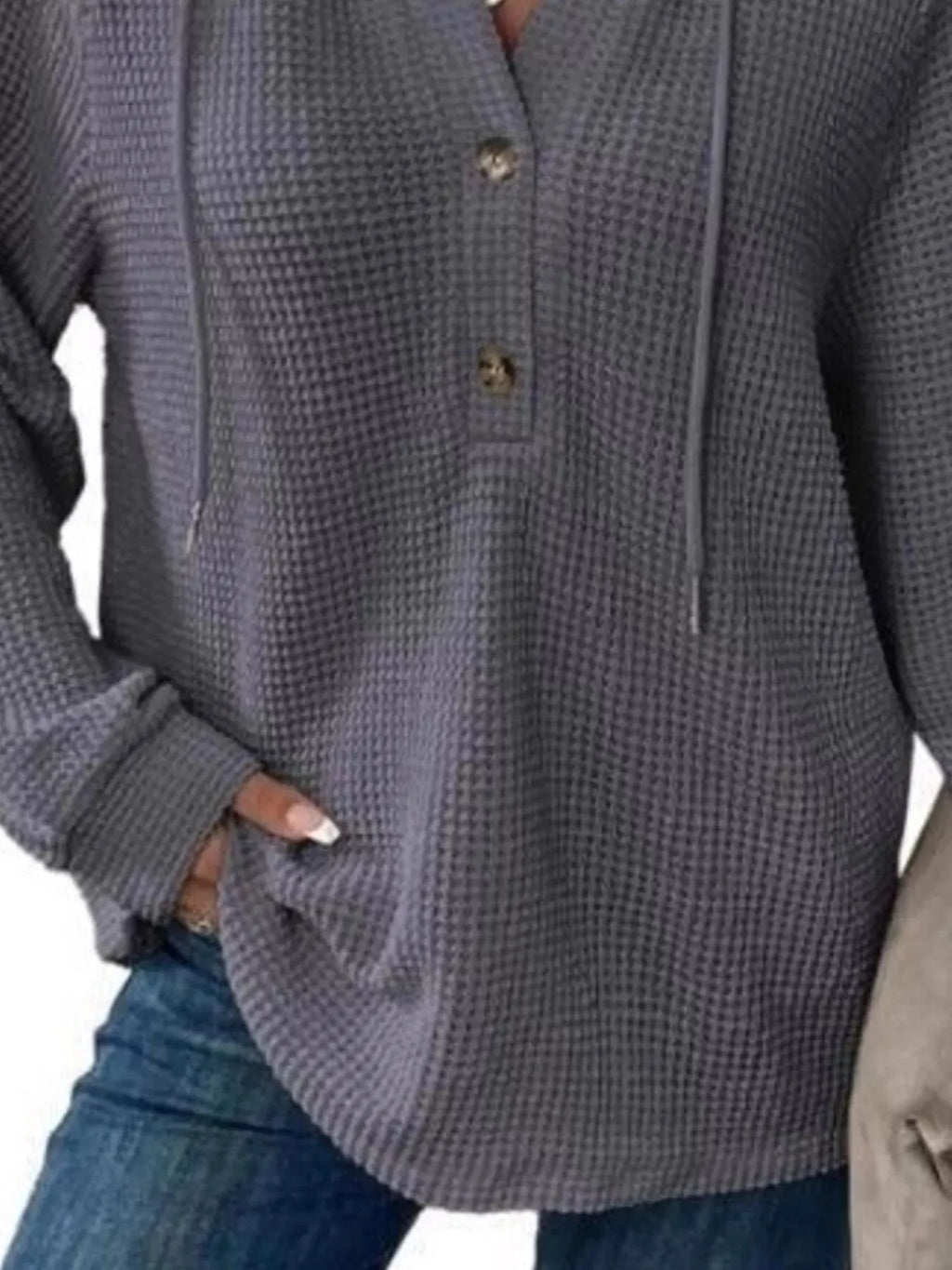 Full Size Button Detail Waffle Knit Hoodie Plus Size
