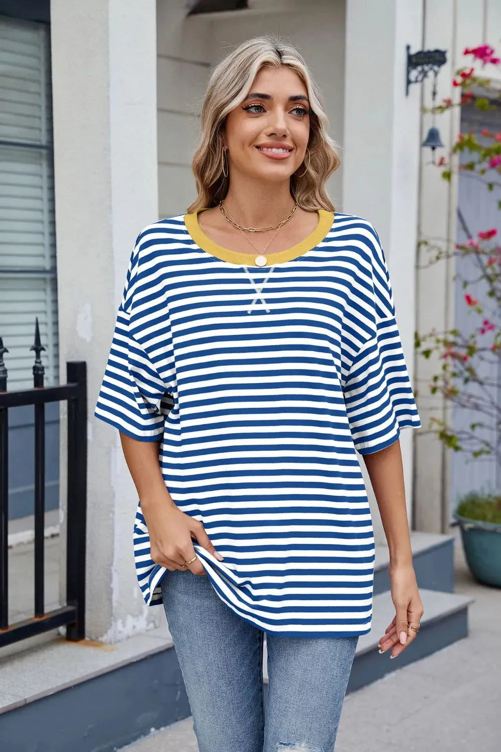 Contrast Striped Round Neck Half Sleeve T-Shirt