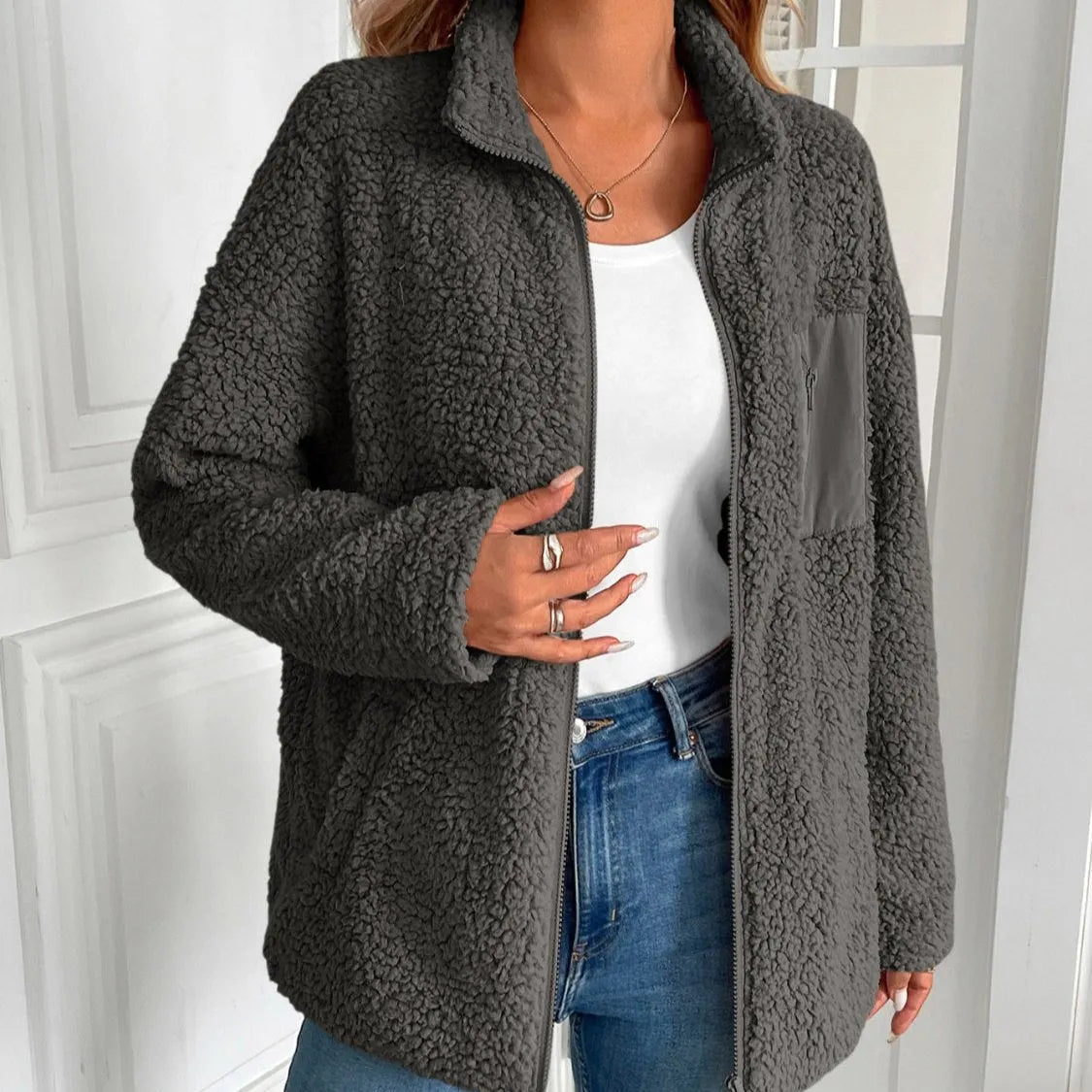LÃ¤ssige Winter Zip-Up Fuzzy Jacke fÃ¼r Damen