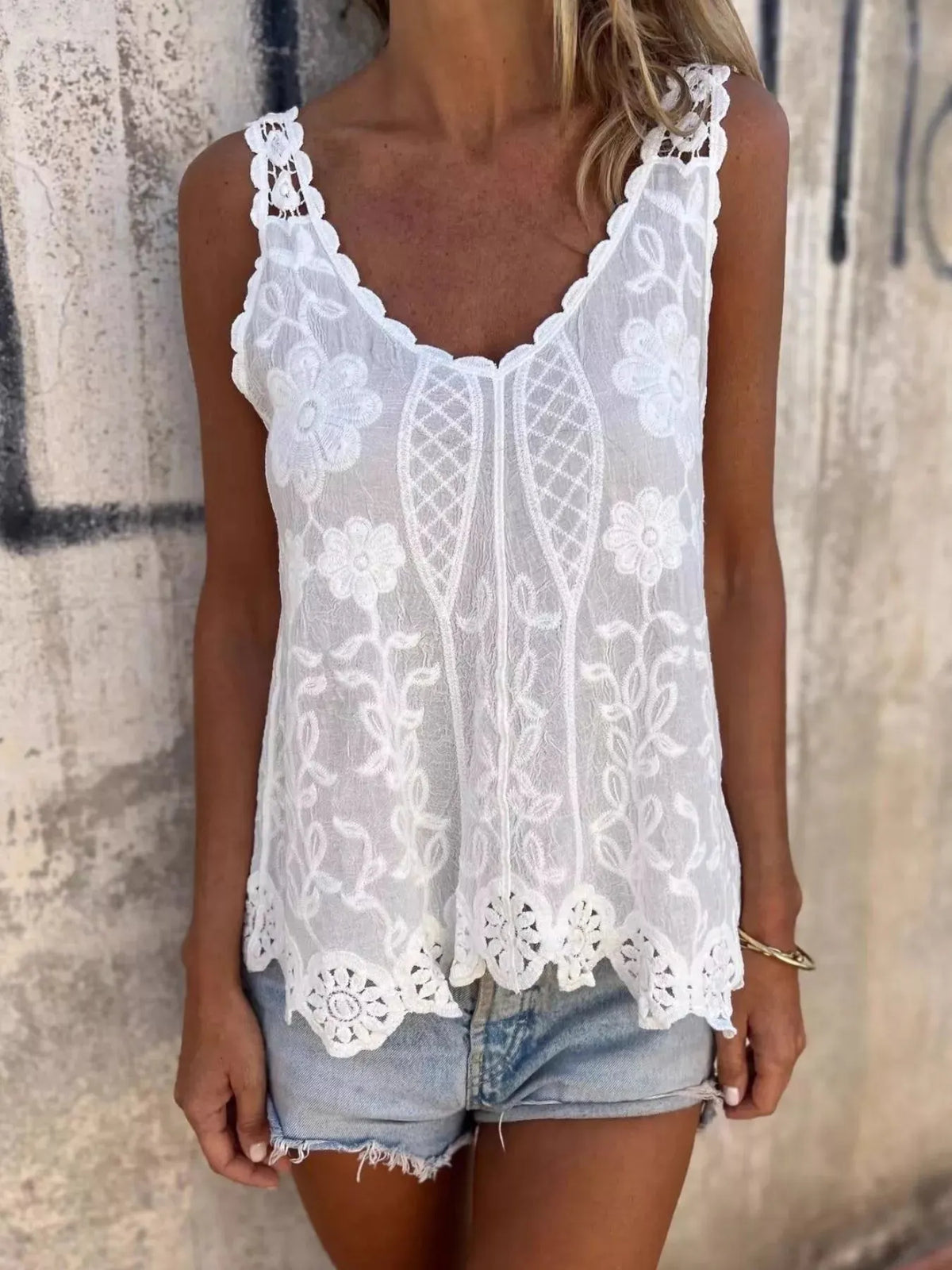 Floral Lace Crochet Trim Tank
