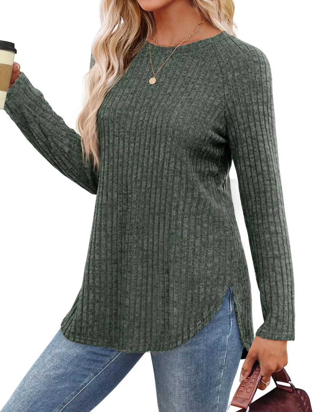 Casual Ribbed Knit Long Sleeve T-Shirt