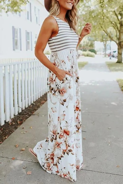 Stripes Splice Floral Printed Maxi Dress