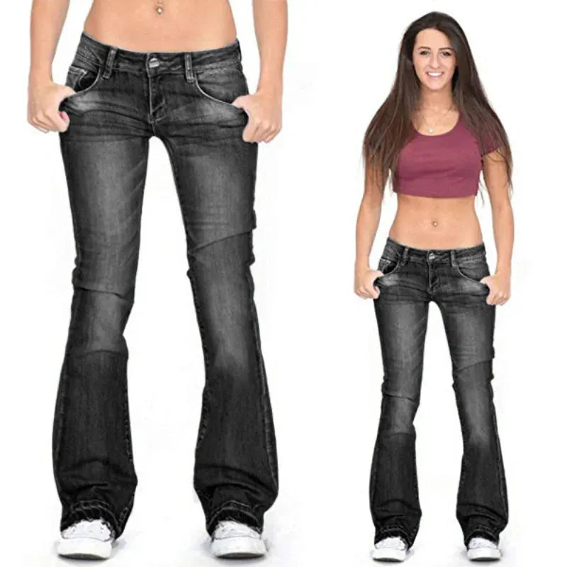 Damen Denim Low-Rise Flared Jeans mit lÃ¤ssigem Vintage-Look & Ausgestelltem Bein |