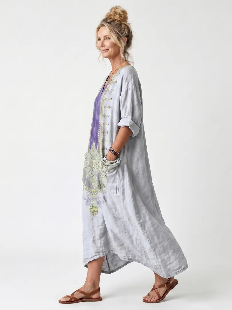 Raina | Contrast Panel Embroidered Oversized Pocket Midi Dress