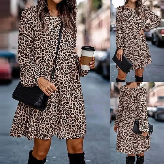 Bequemen Langarm Kleid mit Leopardenmuster