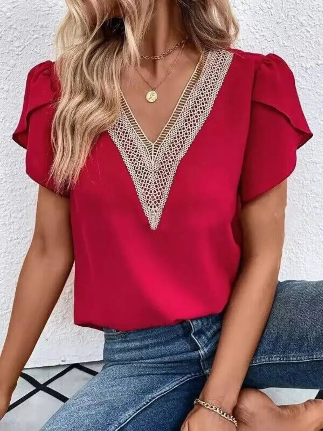 V-Neck Petal Sleeve Blouse