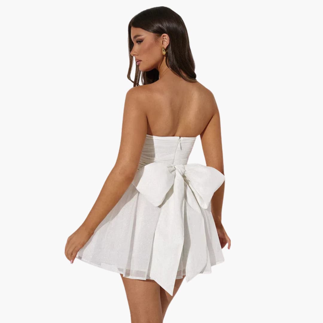 Womenâ€™s mini dress with bandeau neckline and flared skirt