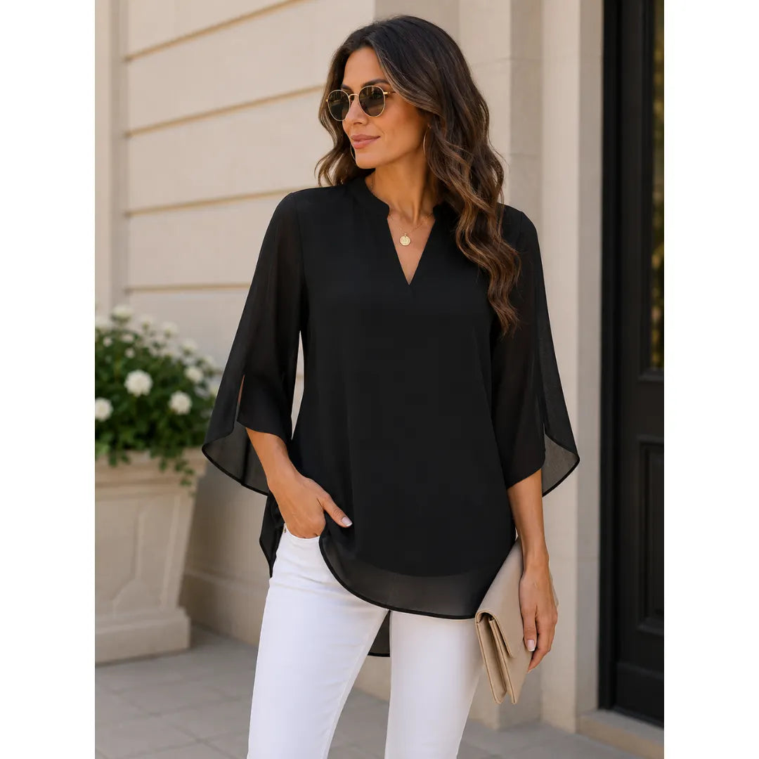 Dames Blouse met Splitmouwen en V-Hals voor een Relaxed Uiterlijk