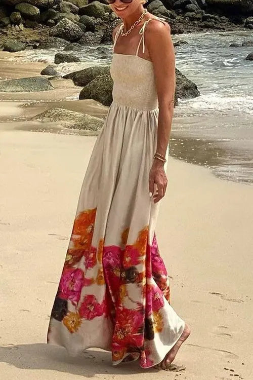 Bow Shoulder Smocked Floral Print Cami Maxi Vacation Dress