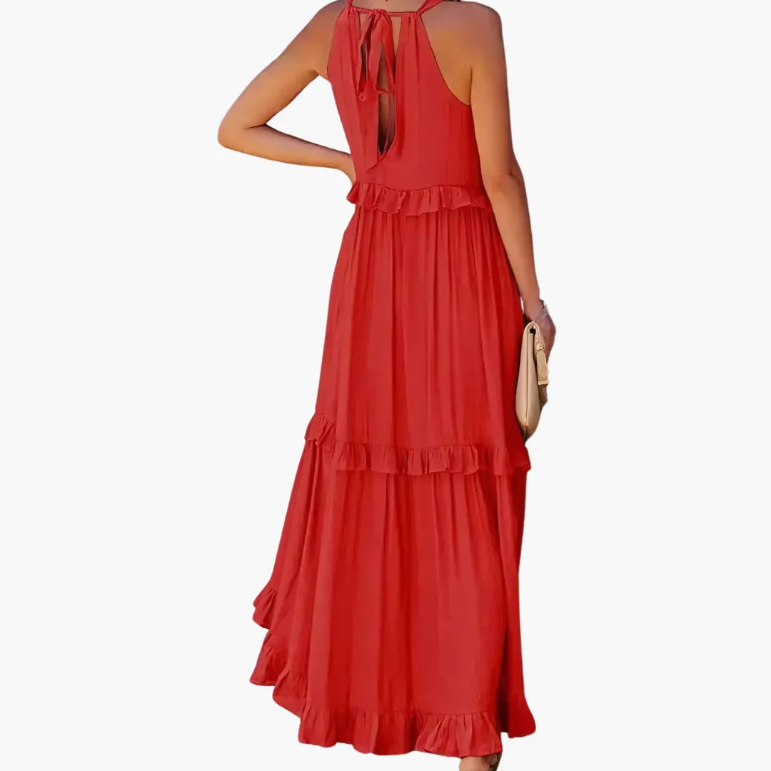 Womenâs Maxi Dress with Cascading Ruffle Tiers and Adjustable Straps