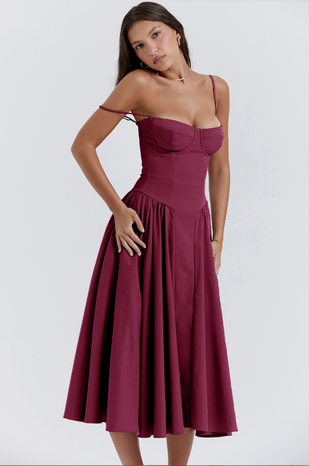 Midi-Kleid mit Spaghettiträgern & plissiertem Rock