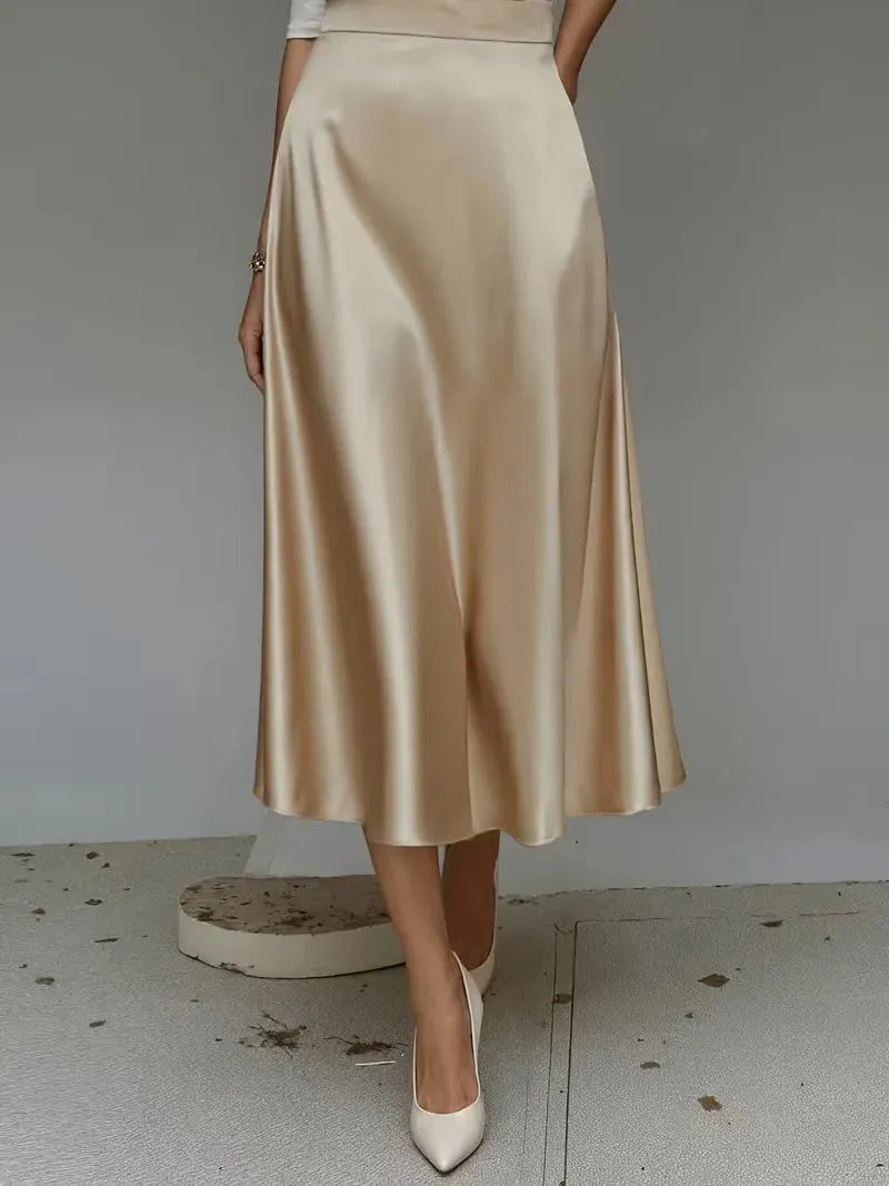 Satin Skirt for Women with High Waist and Midi Length