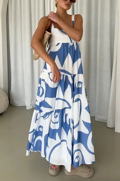 Backless Ruffle Tiered Printed Maxi Cami Dress
