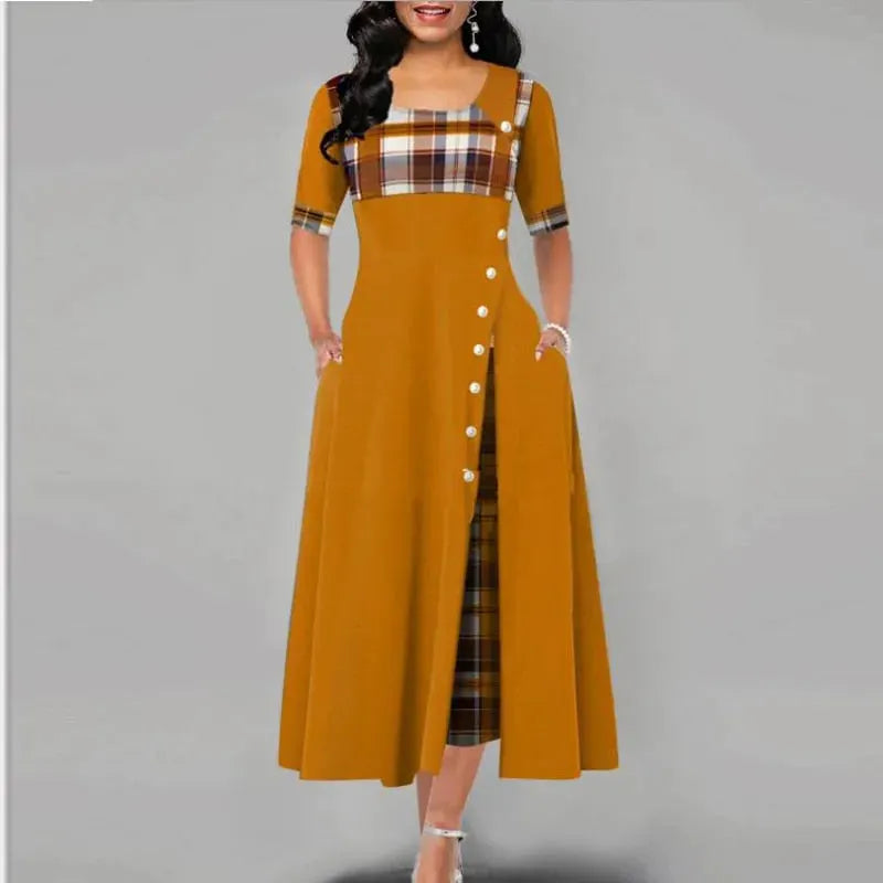 Damen kariertes Kleid mit halben Ärmeln