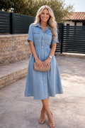 Dames Denim Jurk met Knoopsluiting en Midi Lengte voor de Zomer