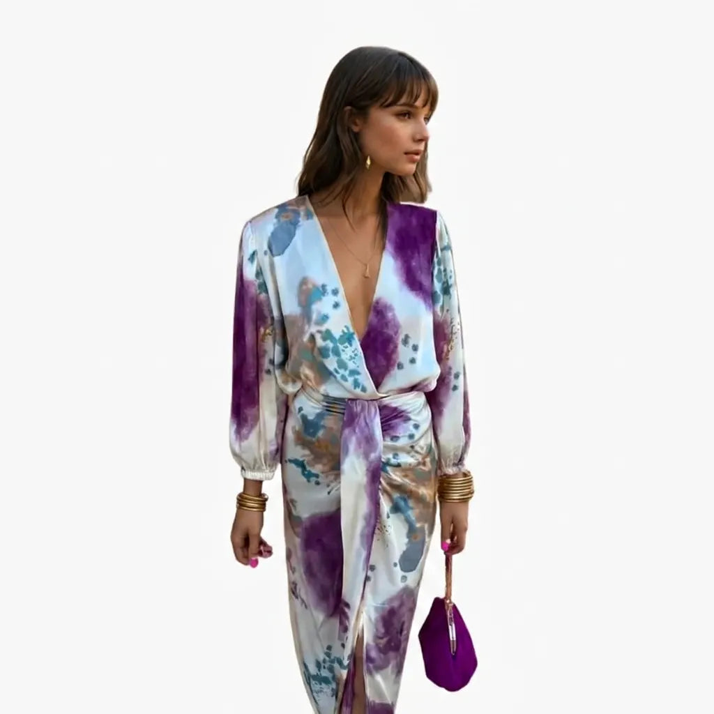 Women's Midi Dress with V-neck and Long Sleeves