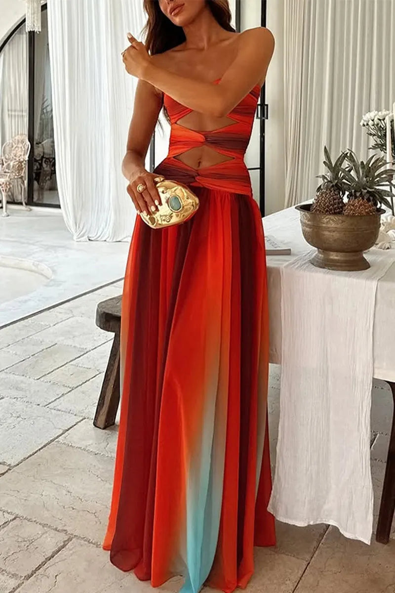 Sexy Gradient Print Irregular Strapless Long Dresses(The color is not fixed)