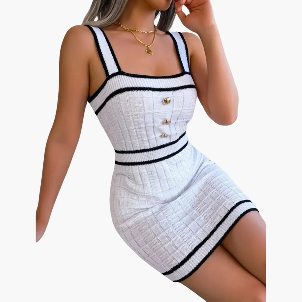 Womenâ€™s Bodycon Dress with Square Neck and Checkered Pattern