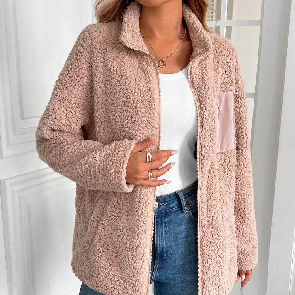 LÃ¤ssige Winter Zip-Up Fuzzy Jacke fÃ¼r Damen