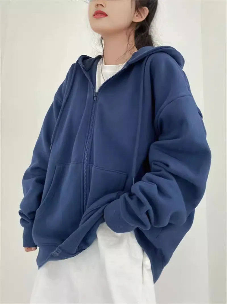 Zip-up Oversized Solid Pocket Hooded Langarm Lose Baseball Jacke