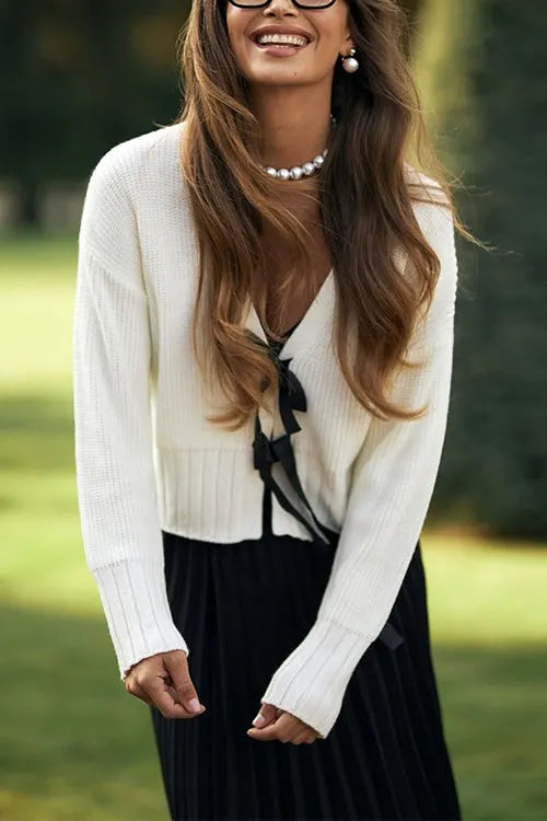 V Neck Bow Tie Front Elegant Sweater