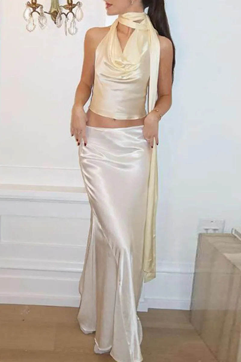 Elegant Solid Backless Halter Sleeveless Two Pieces