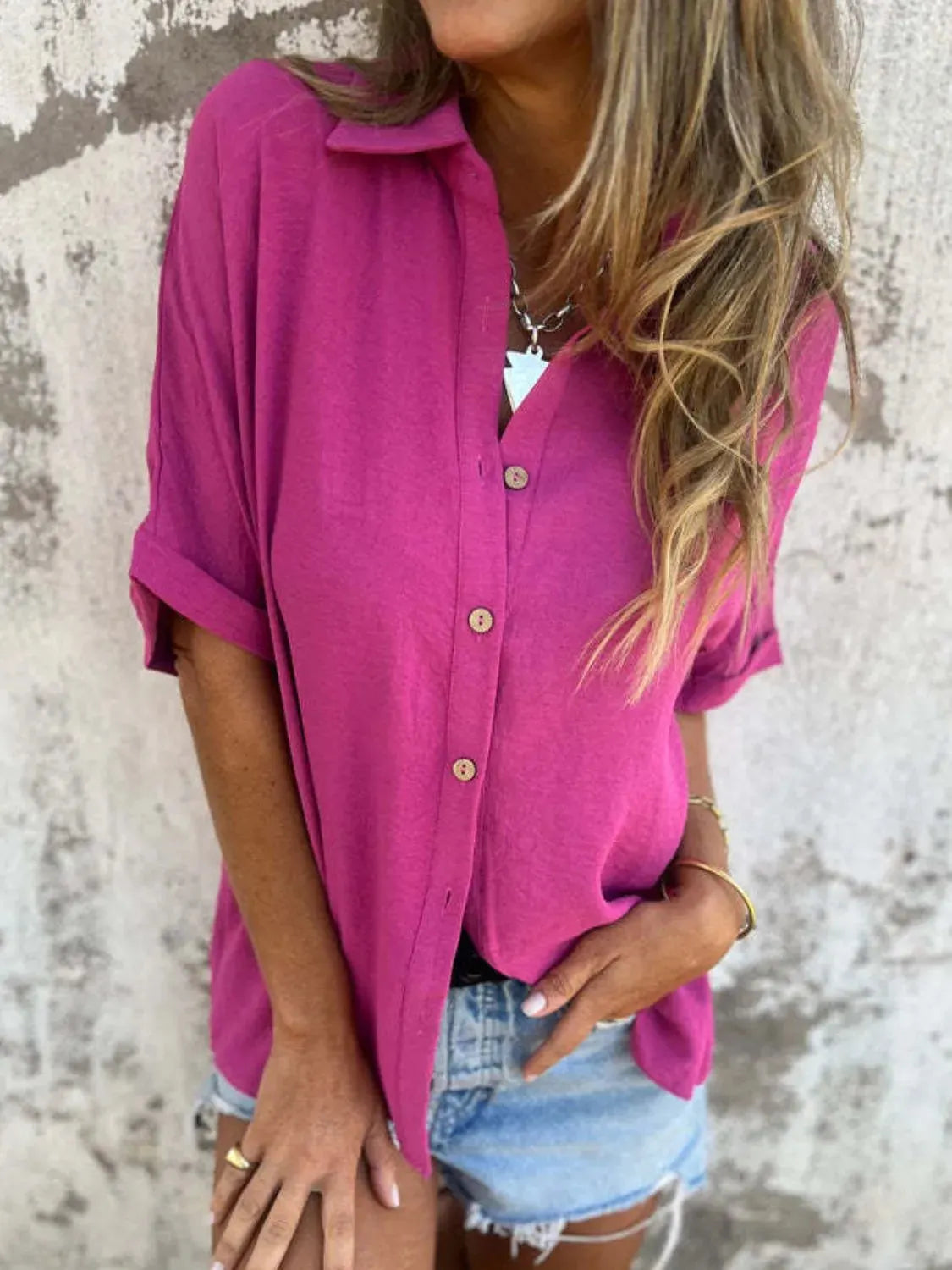 Full Size Collared Neck Half Sleeve Shirt Plus Size