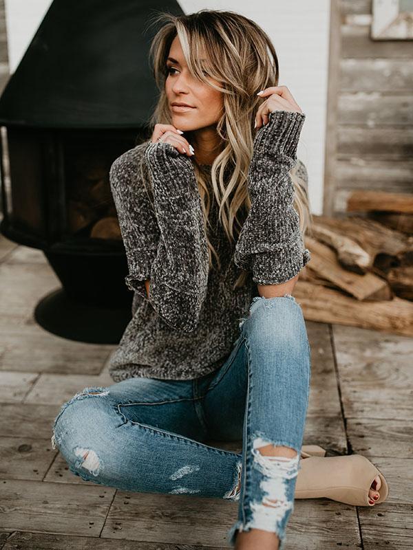 Knit Round Neck Hole Long Sleeve Winter Sweater Tops