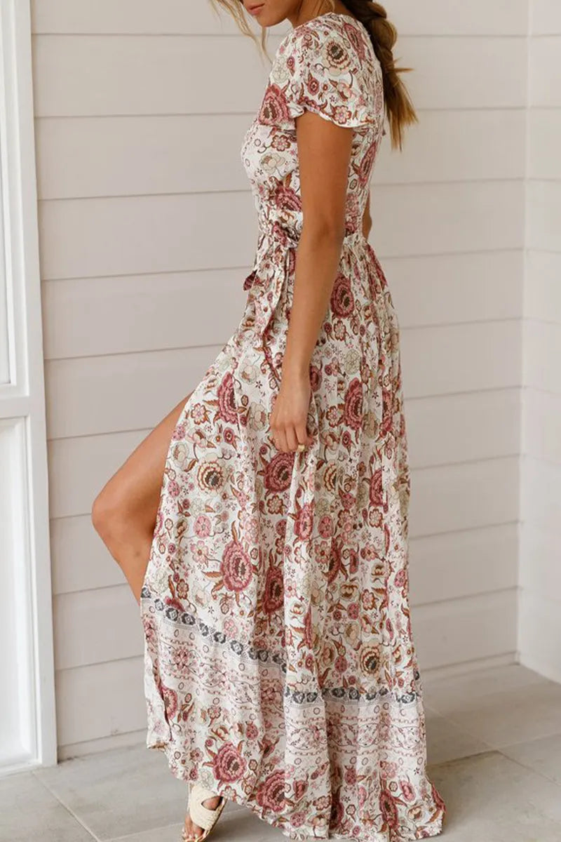 Sexy Elegant Print V Neck A Line Dresses